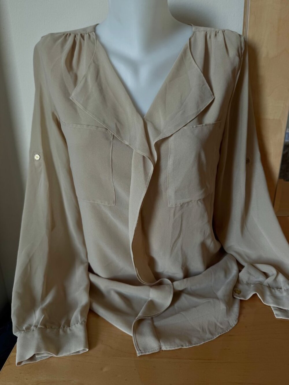 Beige Calvin Klein Long Sleeve Blouse With A V-Neckline (Women's Size S)